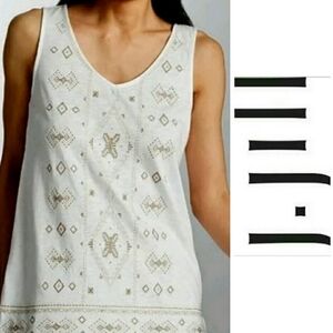 J.JILL Embroidered Aztec White Brown Sleeveless Top Split Neck Cotton Top Large